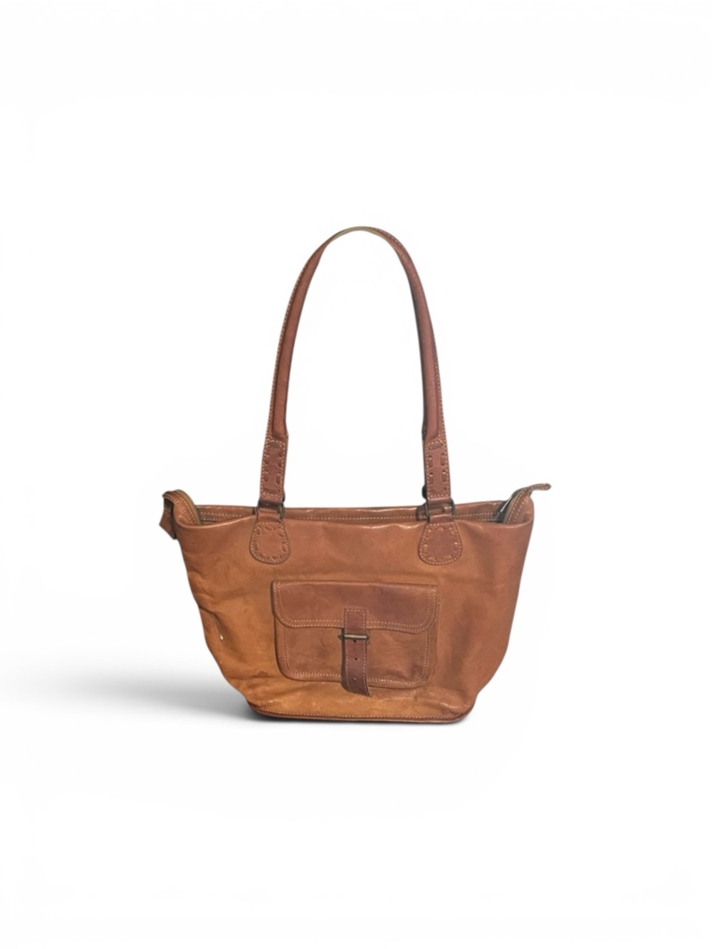 Vintage Boho Tan Full-Grain Leather Tote Bag w/ Buckle Pocket - Picture 3 of 7